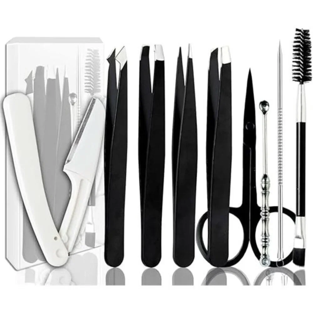 9-Piece Eyebrow Grooming Kit W/ Carrying Case - Razor, Scissors & Brush Tool Set